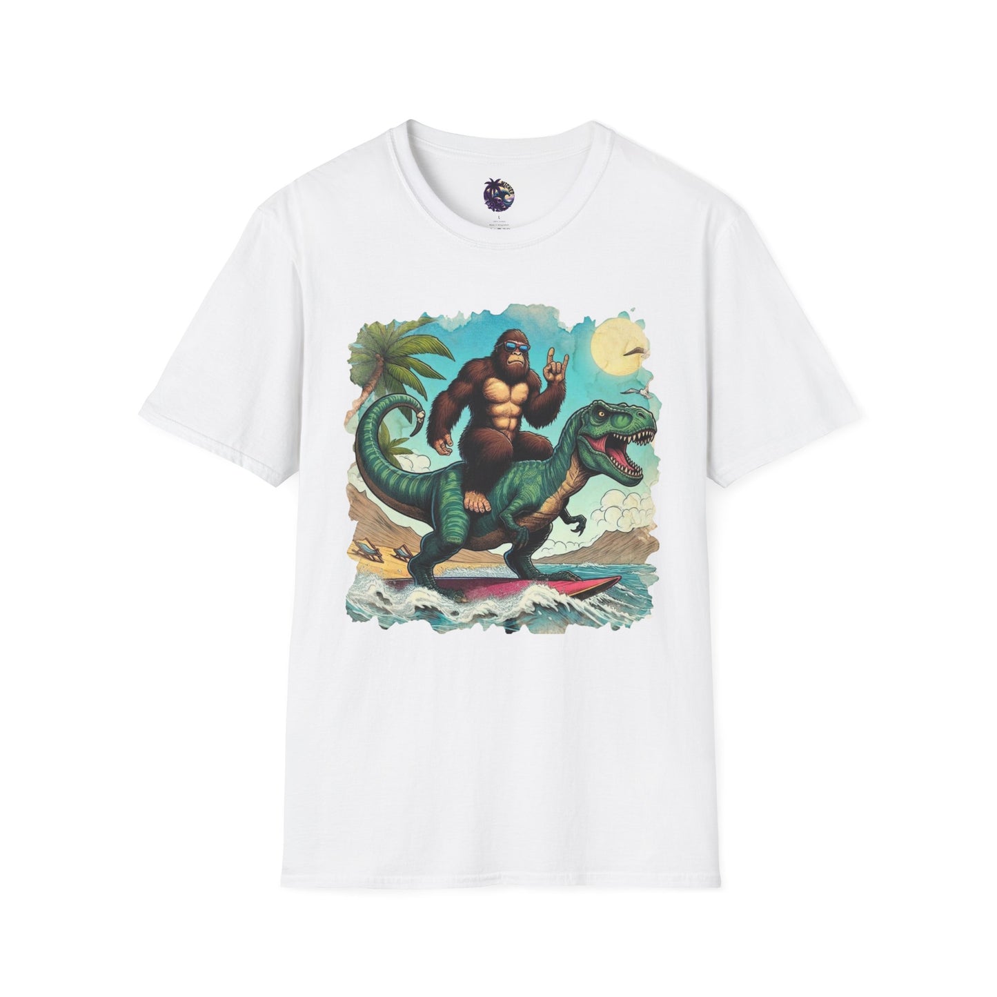T-rex and Bigfoot Surfing Unisex T-Shirt