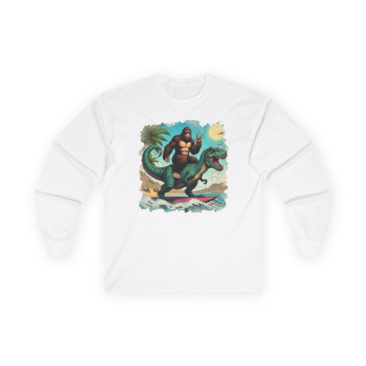 T-rex and Bigfoot Surfing Unisex Long Sleeve Shirt