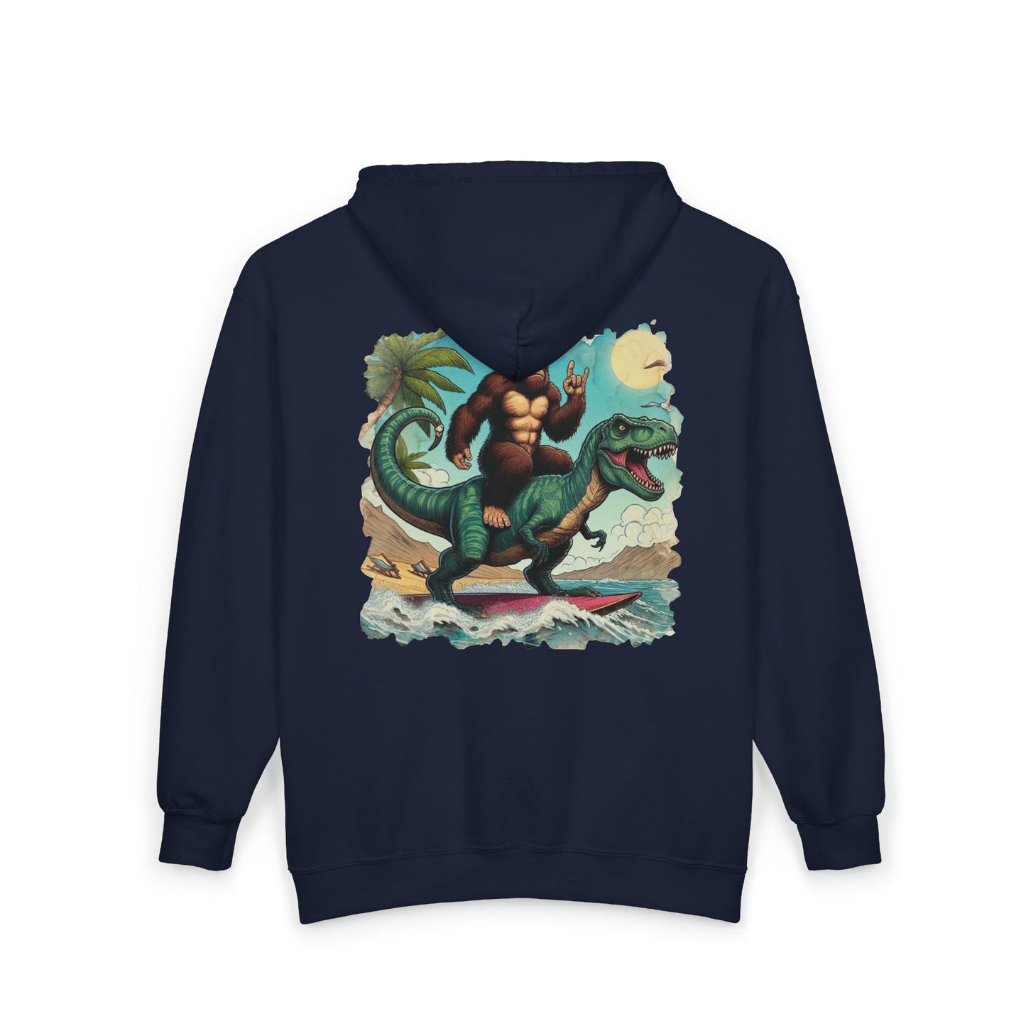 T-rex and Bigfoot Surfing Unisex Zip-Up Hoodie