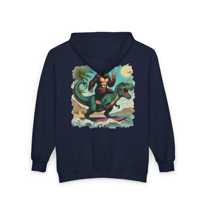 T-rex and Bigfoot Surfing Unisex Zip-Up Hoodie