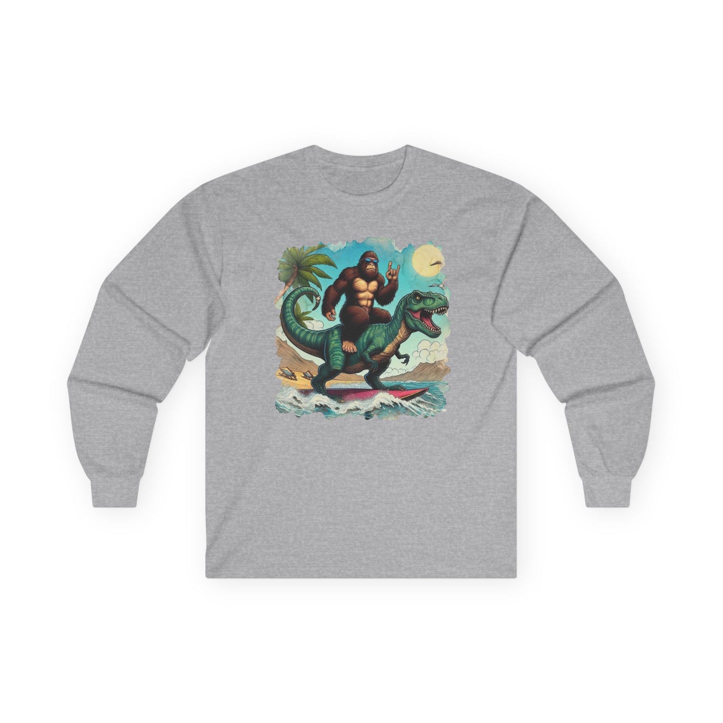 T-rex and Bigfoot Surfing Unisex Long Sleeve Shirt