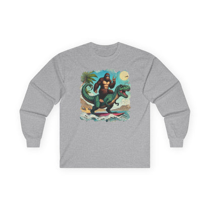 T-rex and Bigfoot Surfing Unisex Long Sleeve Shirt