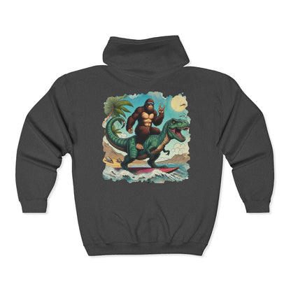 T-rex and Bigfoot Surfing Unisex Zip-Up Hoodie