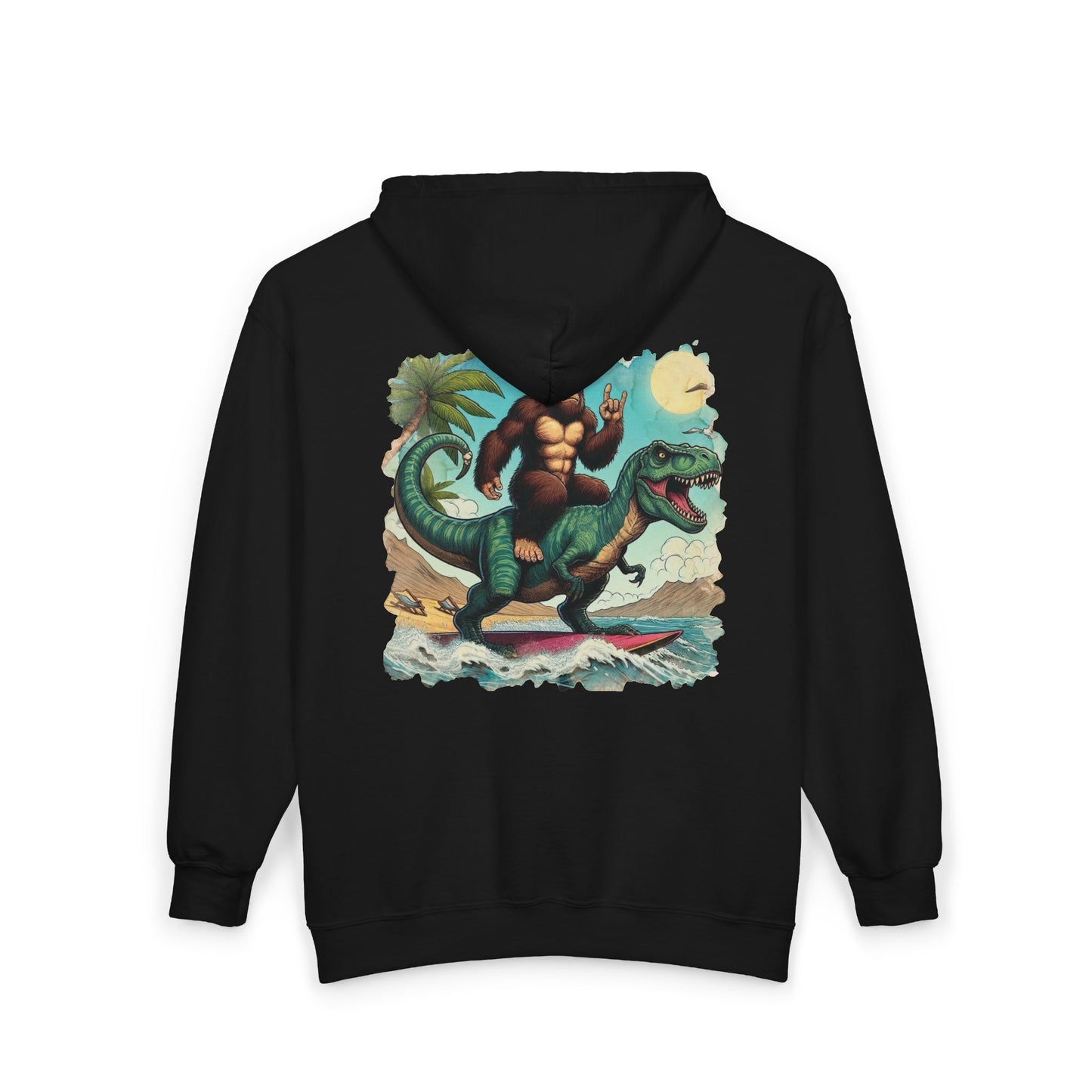 T-rex and Bigfoot Surfing Unisex Zip-Up Hoodie