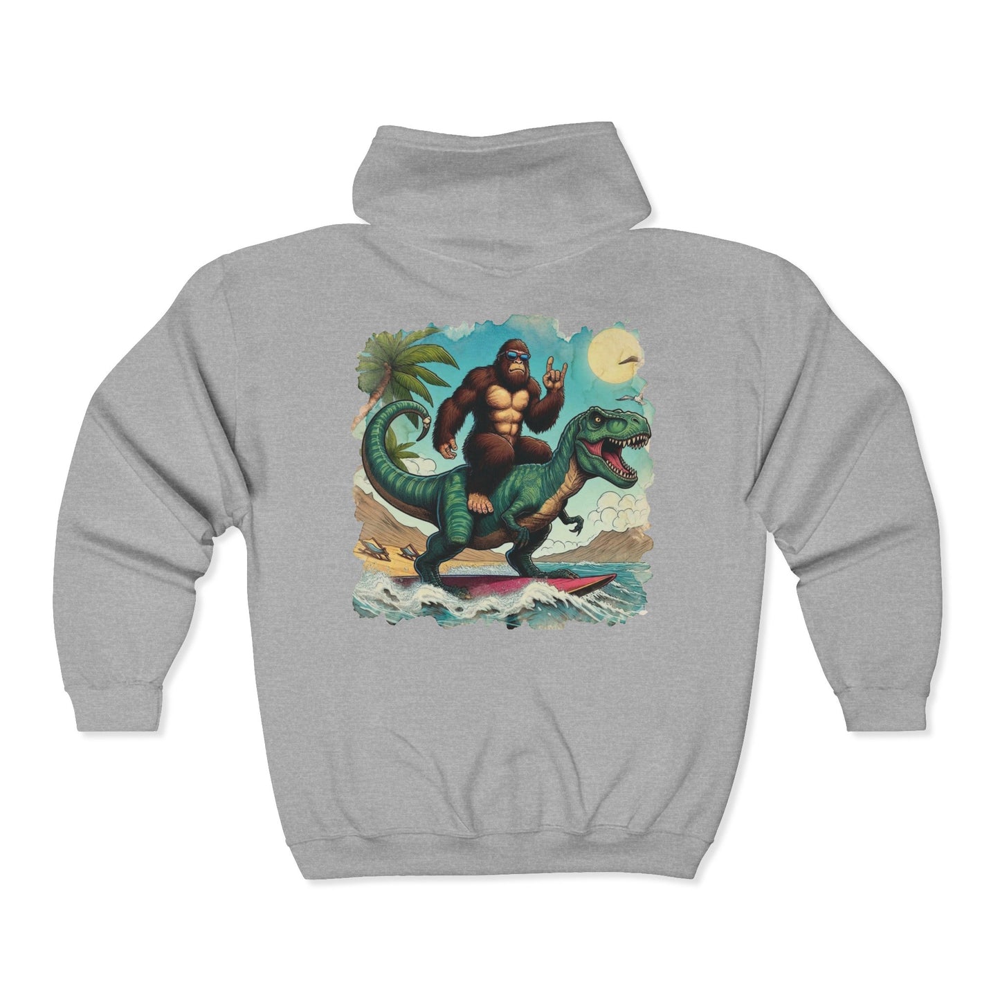 T-rex and Bigfoot Surfing Unisex Zip-Up Hoodie