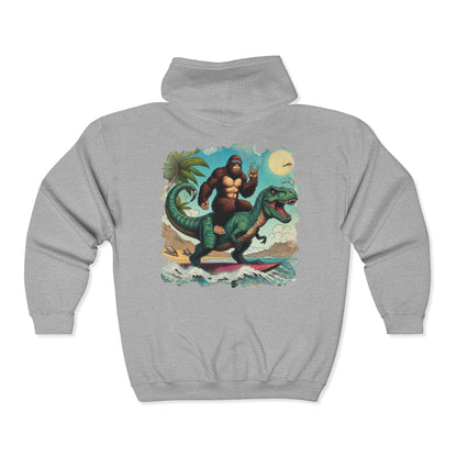 T-rex and Bigfoot Surfing Unisex Zip-Up Hoodie