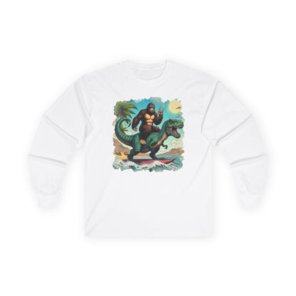 T-rex and Bigfoot Surfing Unisex Long Sleeve Shirt