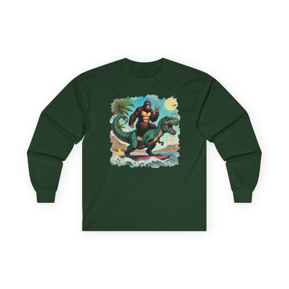 T-rex and Bigfoot Surfing Unisex Long Sleeve Shirt