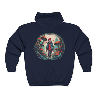 Skeleton Beanie in a Mushroom Forest Unisex Zip-Up Hoodie