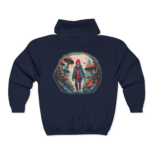 Skeleton Beanie in a Mushroom Forest Unisex Zip-Up Hoodie