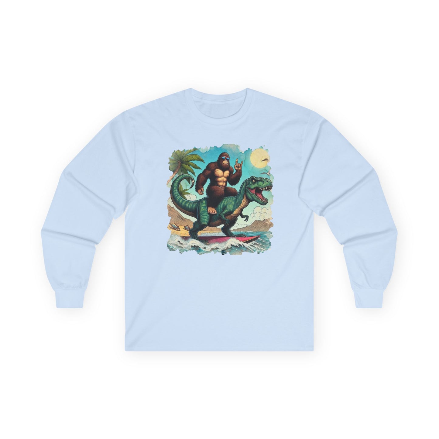 T-rex and Bigfoot Surfing Unisex Long Sleeve Shirt