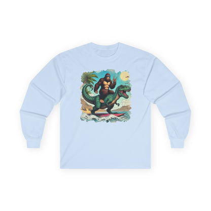 T-rex and Bigfoot Surfing Unisex Long Sleeve Shirt