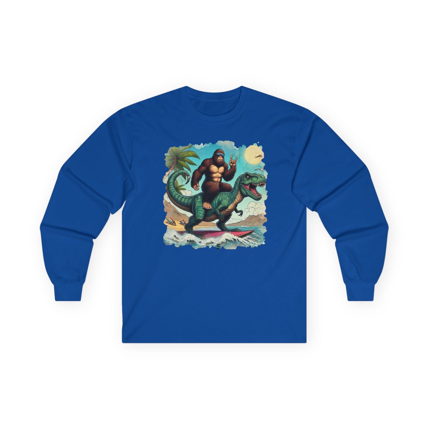 T-rex and Bigfoot Surfing Unisex Long Sleeve Shirt