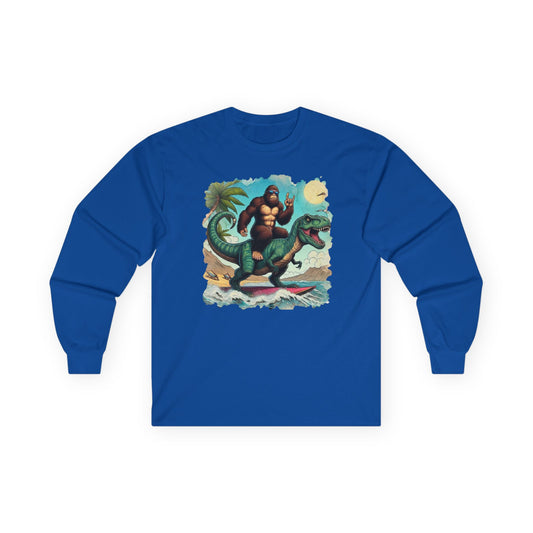 T-rex and Bigfoot Surfing Unisex Long Sleeve Shirt