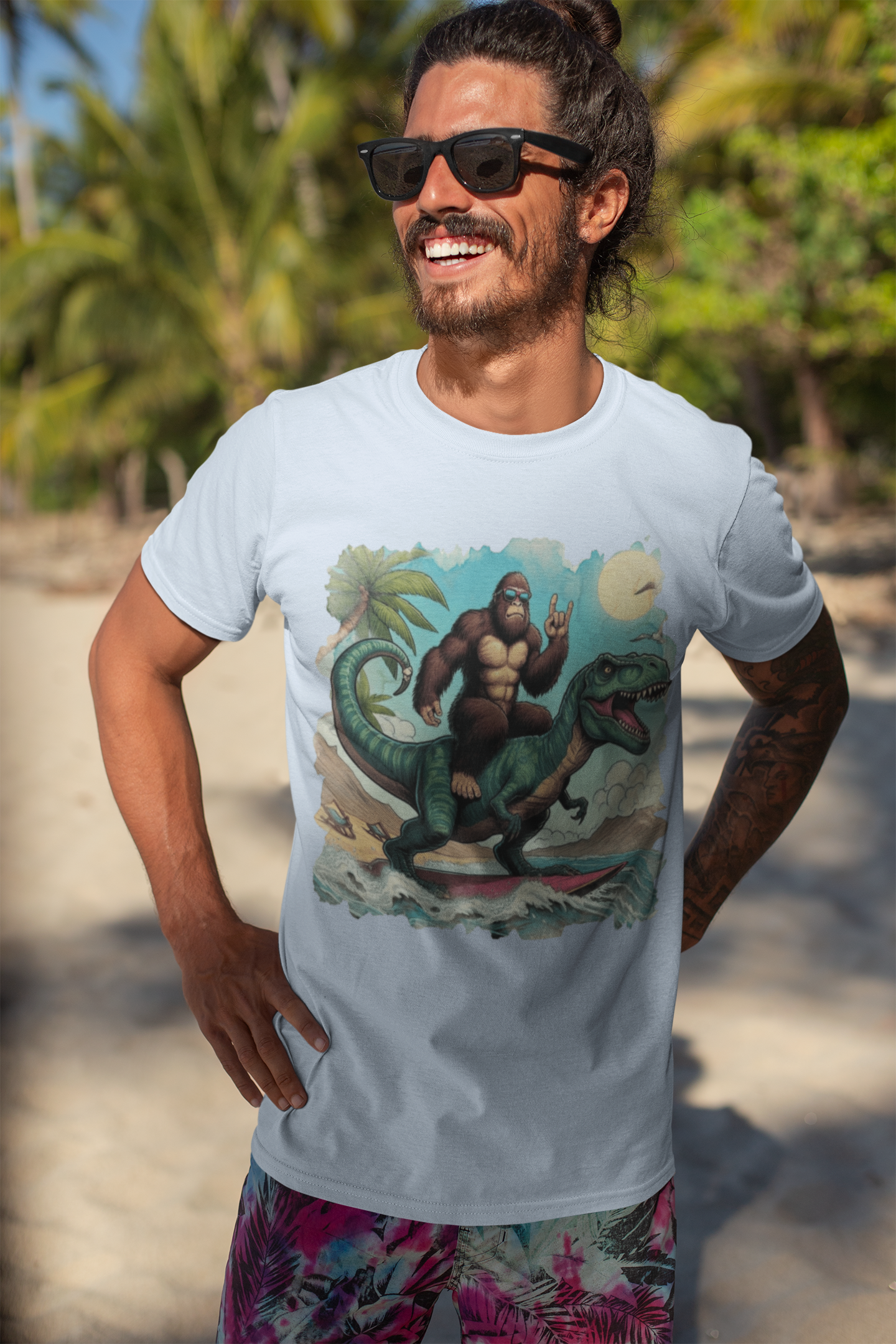 T-rex and Bigfoot Surfing Unisex T-Shirt