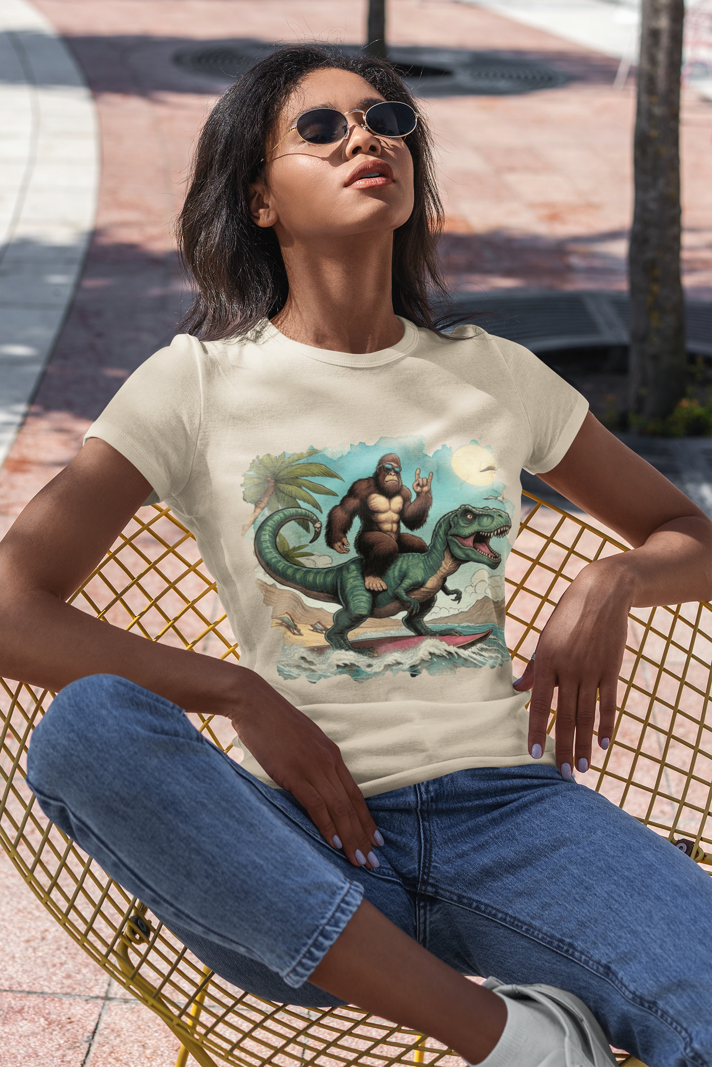 T-rex and Bigfoot Surfing Unisex T-Shirt