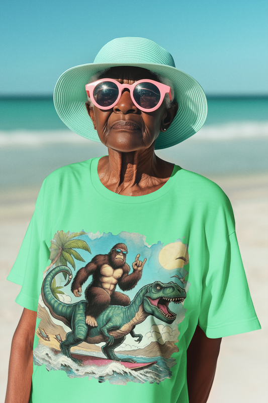 T-rex and Bigfoot Surfing Unisex T-Shirt