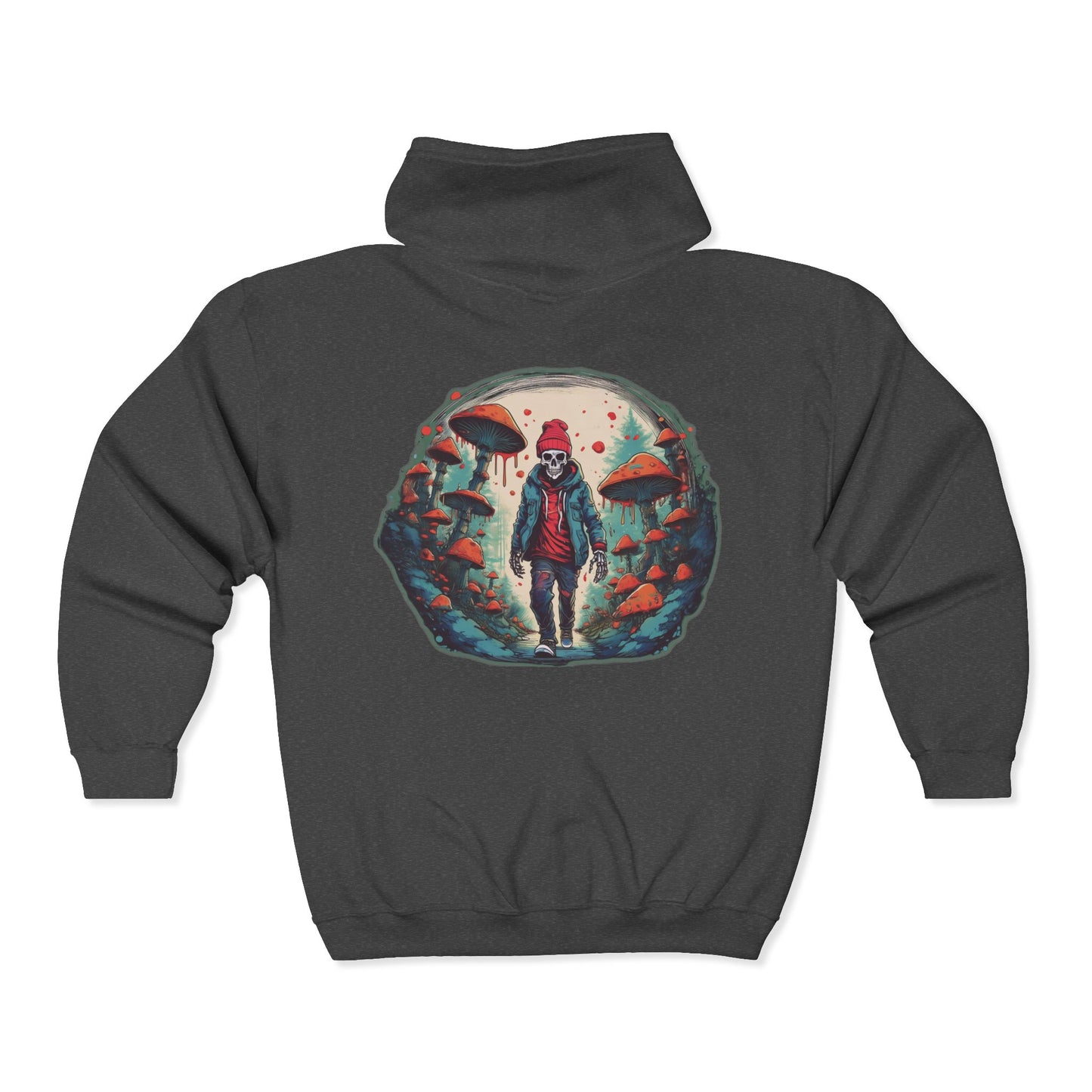 Skeleton Beanie in a Mushroom Forest Unisex Zip-Up Hoodie
