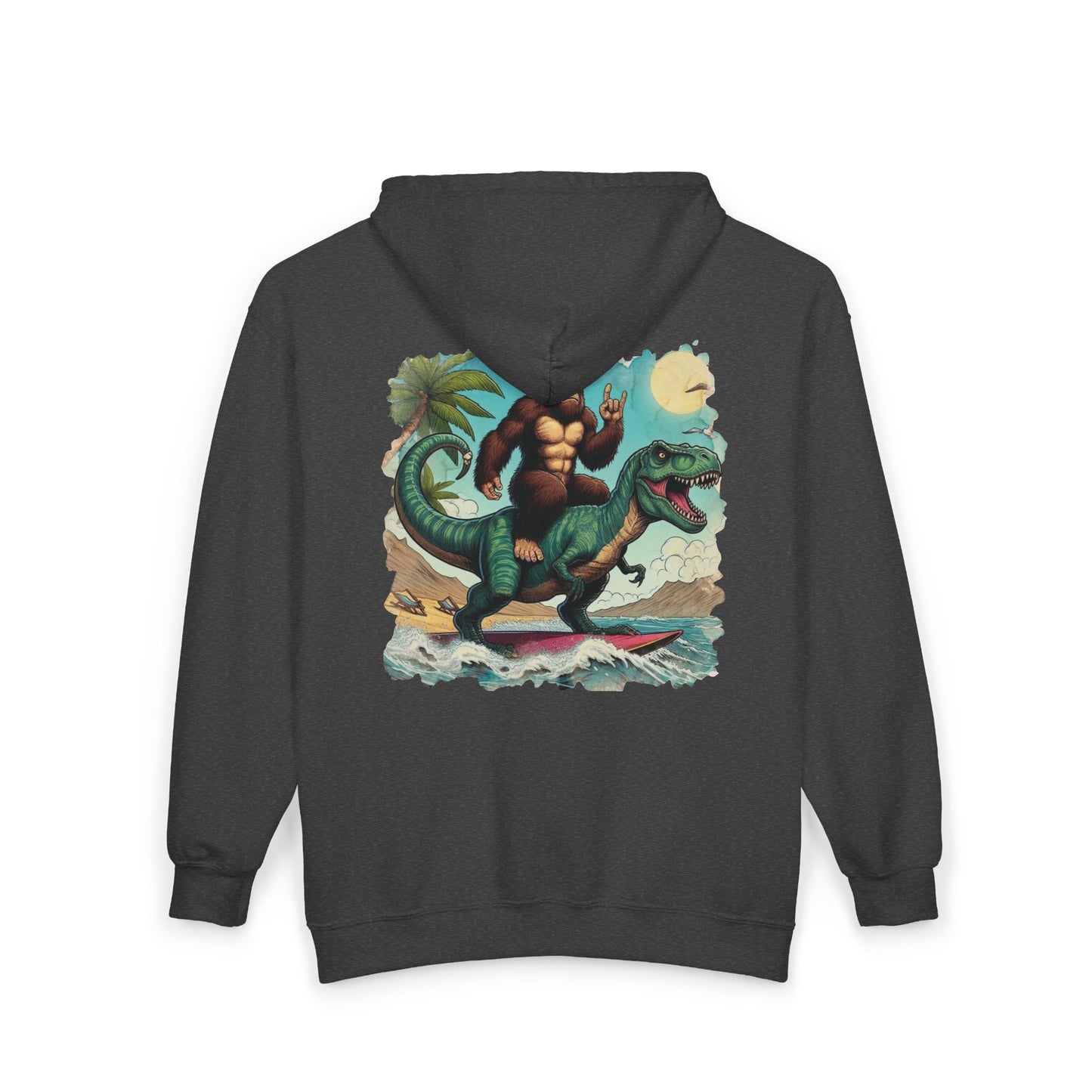 T-rex and Bigfoot Surfing Unisex Zip-Up Hoodie