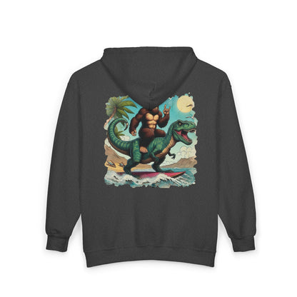 T-rex and Bigfoot Surfing Unisex Zip-Up Hoodie