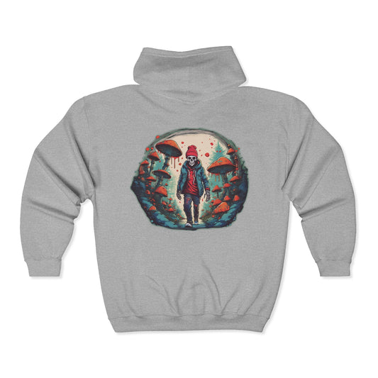 Skeleton Beanie in a Mushroom Forest Unisex Zip-Up Hoodie