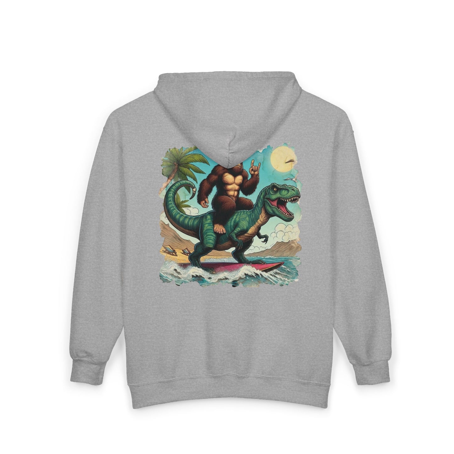 T-rex and Bigfoot Surfing Unisex Zip-Up Hoodie