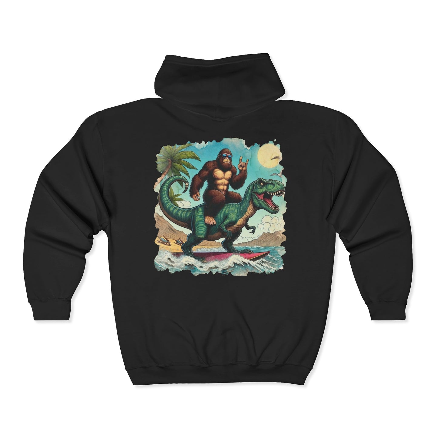 T-rex and Bigfoot Surfing Unisex Zip-Up Hoodie
