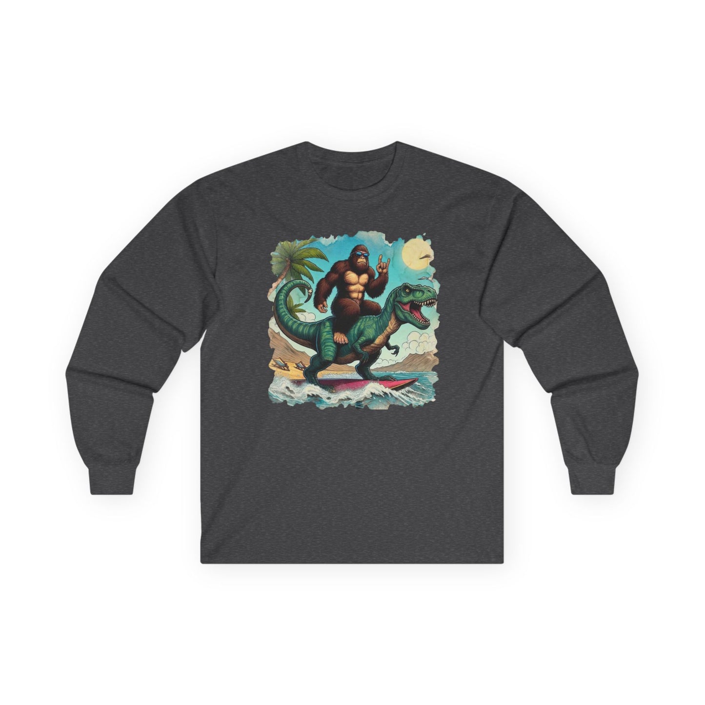 T-rex and Bigfoot Surfing Unisex Long Sleeve Shirt