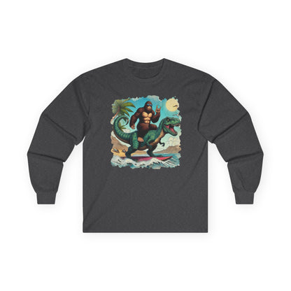T-rex and Bigfoot Surfing Unisex Long Sleeve Shirt