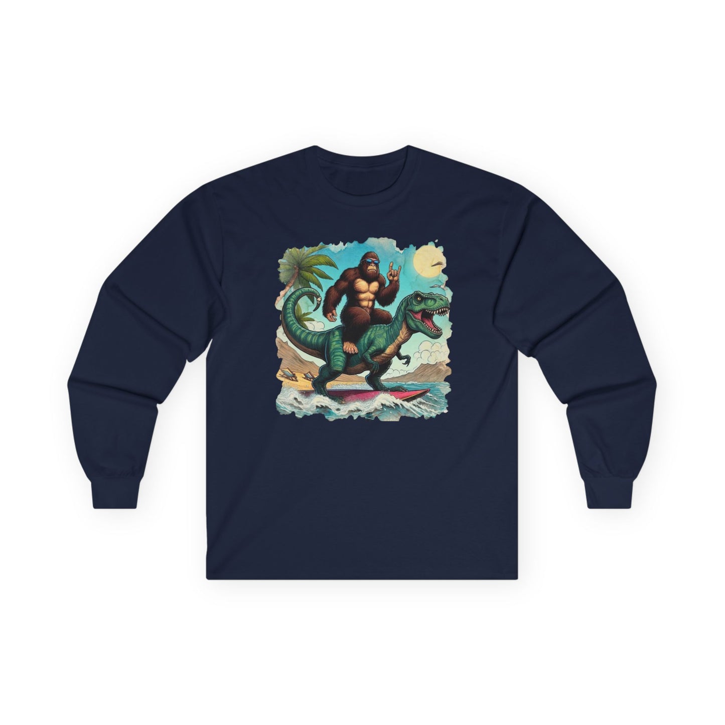 T-rex and Bigfoot Surfing Unisex Long Sleeve Shirt