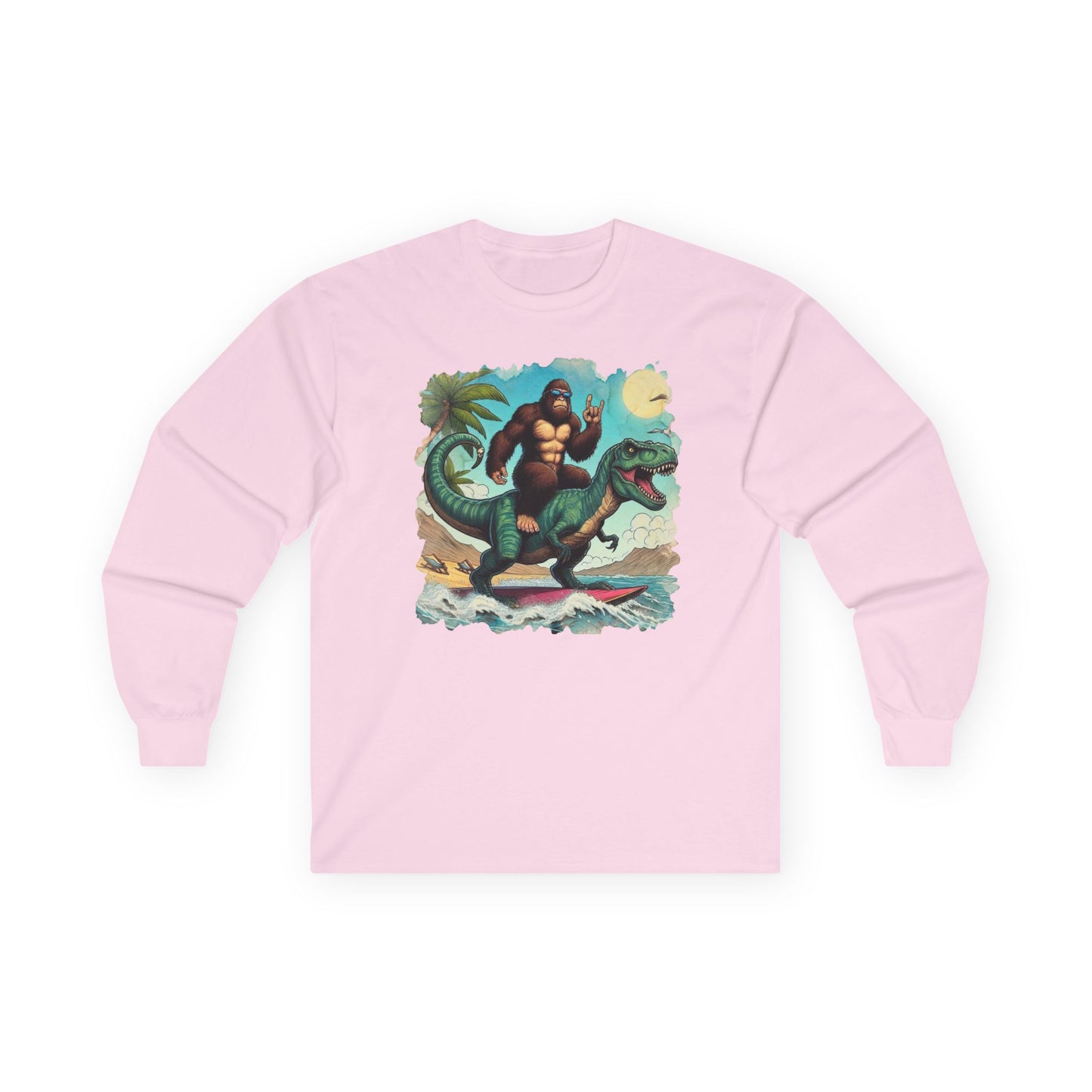 T-rex and Bigfoot Surfing Unisex Long Sleeve Shirt
