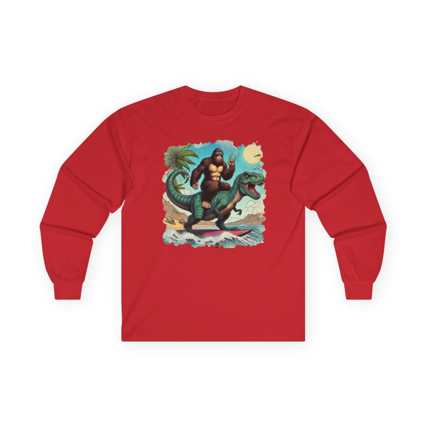 T-rex and Bigfoot Surfing Unisex Long Sleeve Shirt