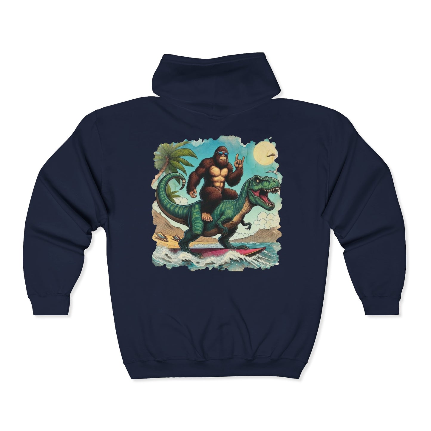 T-rex and Bigfoot Surfing Unisex Zip-Up Hoodie