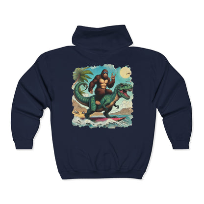 T-rex and Bigfoot Surfing Unisex Zip-Up Hoodie
